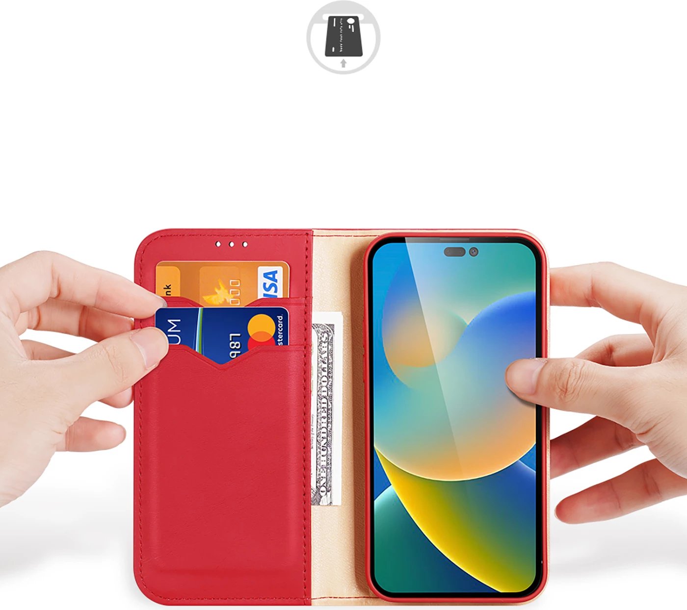 Mbështjellës Dux Ducis Hivo për iPhone 14 Pro Max, lëkurë natyrale, portofol, e kuqe