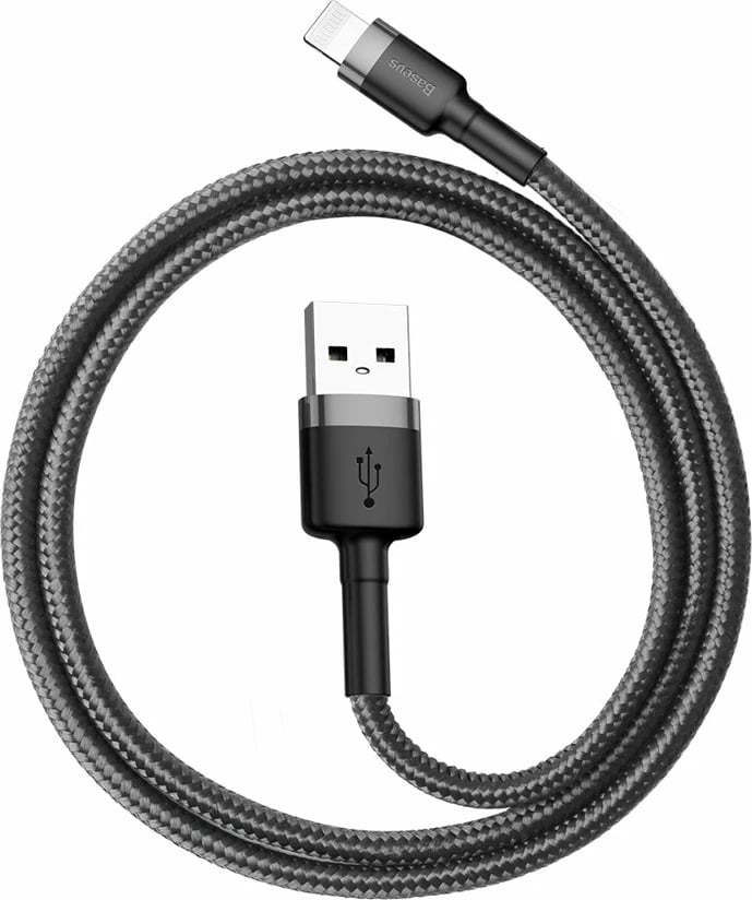 Kabllo Baseus Cafule CALKLF-AG1, USB-A në Lightning, 0.5m, 2.4A, QC 3.0, e zezë-gri