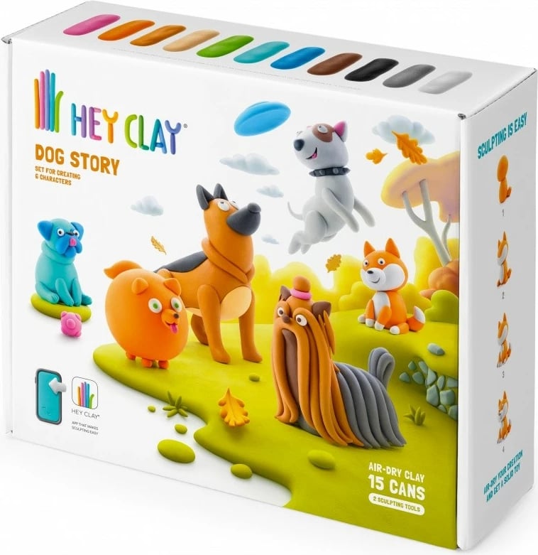 Set plastelinë, Tm Toys Hey Clay Dog Story HCL15024CEE, 15 kana, 11 ngjyra, me mjete dhe kod aplikacioni