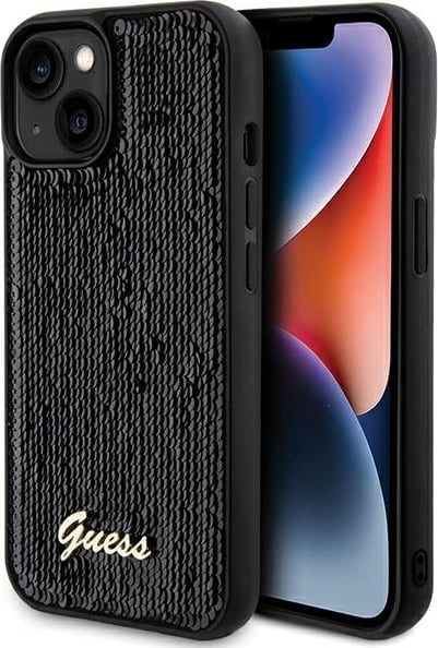 Mbështjellës Guess Sequin Script Metal për iPhone 13/14/15, i zi