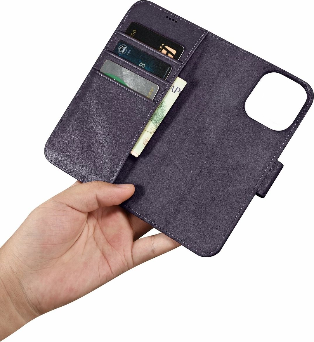 Mbështjellës iCarer Wallet Case 2in1 për iPhone 14 Pro, lëkurë natyrale, Anti-RFID, Vjollcë e errët