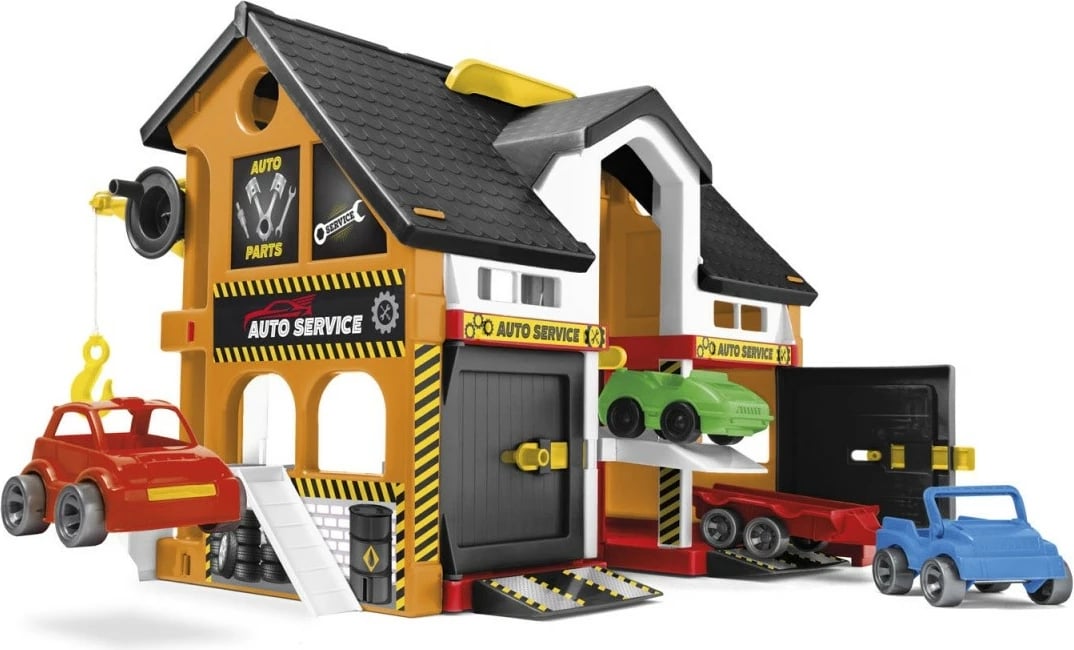 Garažh lodër Wader Play House Auto Service, 3 makina, plastikë, zi/kafe