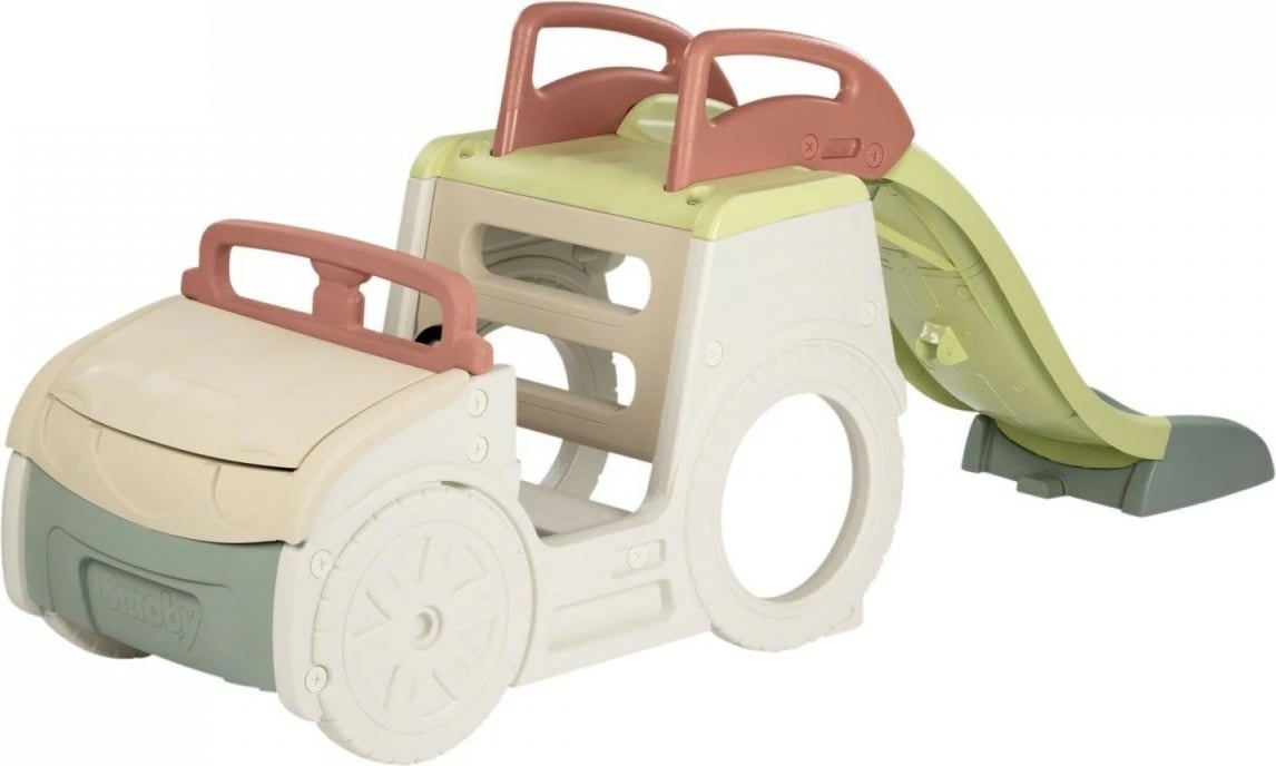 Lodër kopshti Smoby Adventure Car, plastikë e ricikluar, me rrëshqitëse, kafe/krem/gri/jeshile