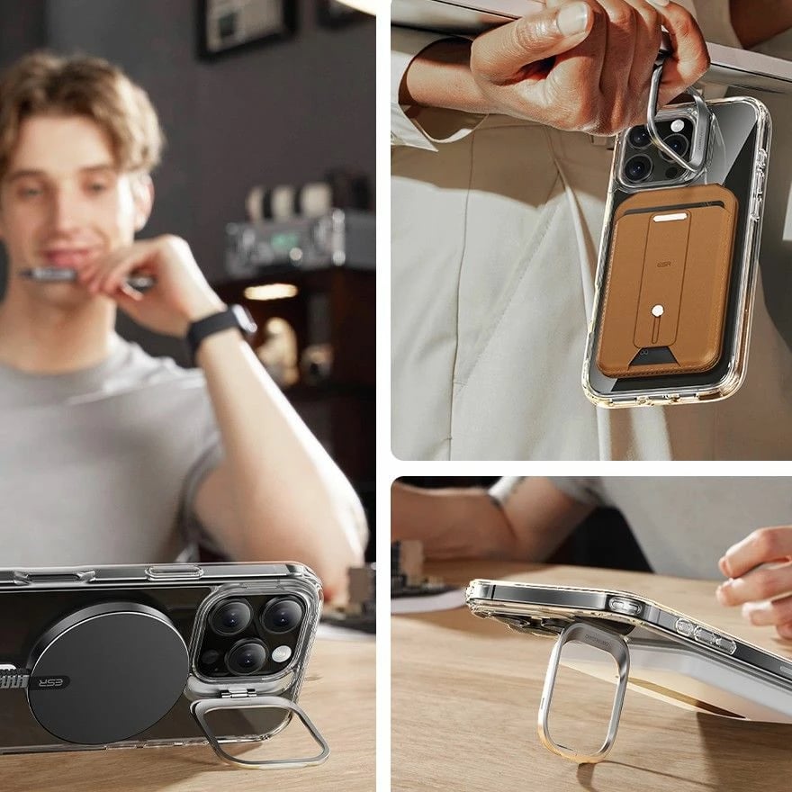 Mbështjellës ESR Classic Hybrid Kickstand HaloLock MagSafe me xham të temperuar për iPhone 16 Pro, Transparent, Set