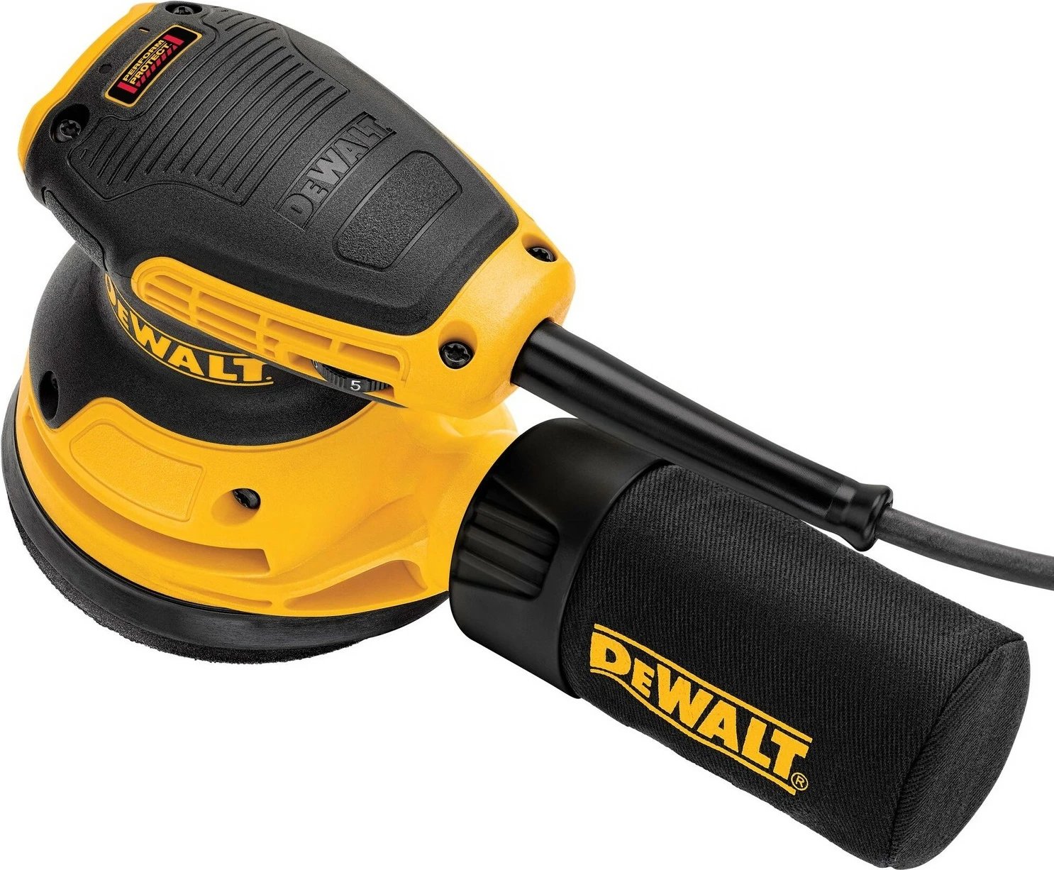Lëmues orbital DeWALT 125mm 280W, zi/verdhe Lëmues orbital DeWALT 125mm 280W, zi/verdhe