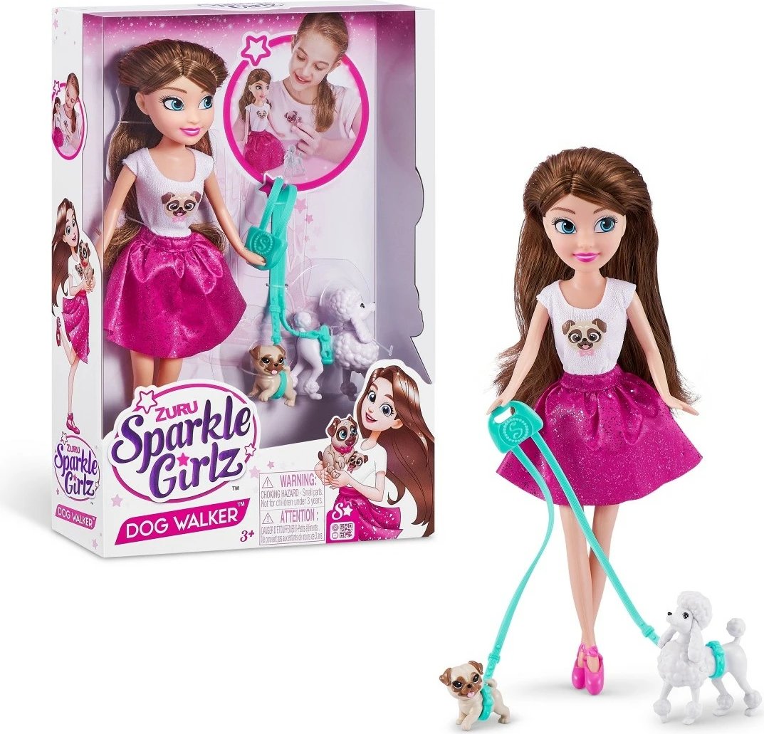 Set kukull Sparkle Girlz ZURU, 27 cm, me dy qenushë dhe litar shëtitje, për vajza