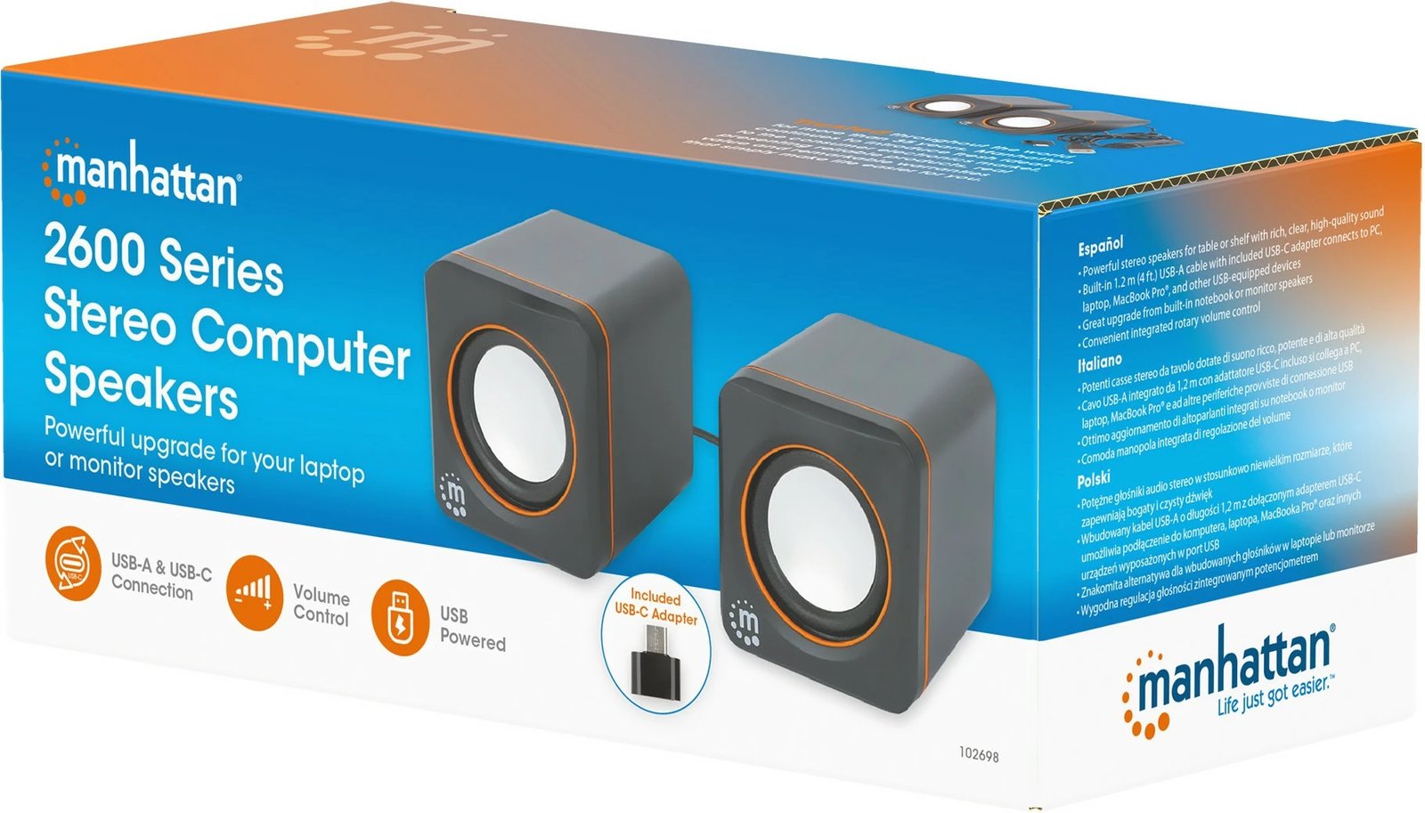 Kufje stereo Manhattan 2600 Series, 2.0 kanale, 6W, USB-A/USB-C, zi/portokalli