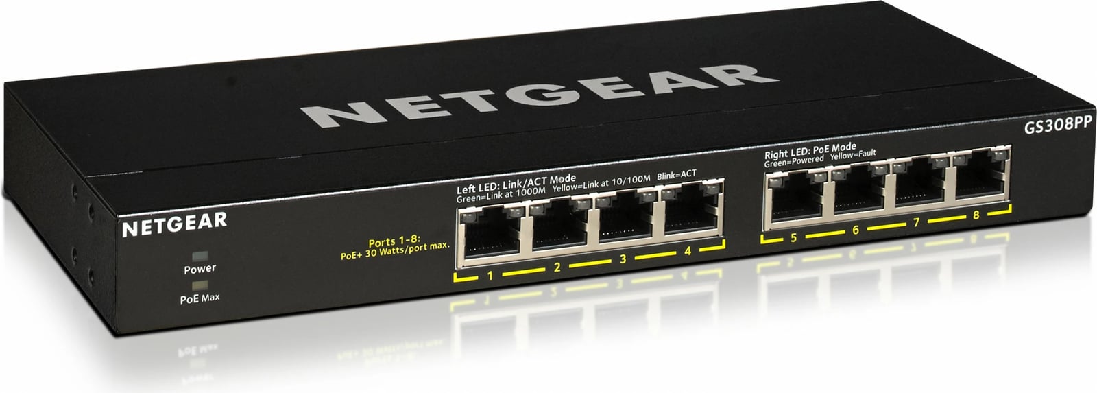 Switch NETGEAR GS308PP, Gigabit Ethernet, PoE, Montim në rack, Montim në mur
