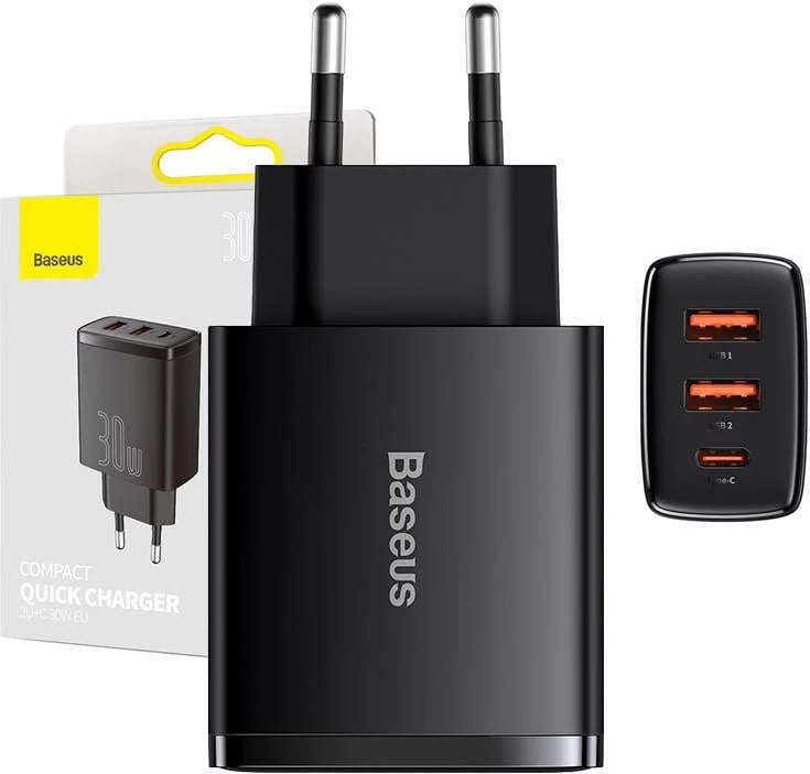 Karikues rrjeti Baseus Compact Quick Charger, 2xUSB, USB-C, 30W, i zi