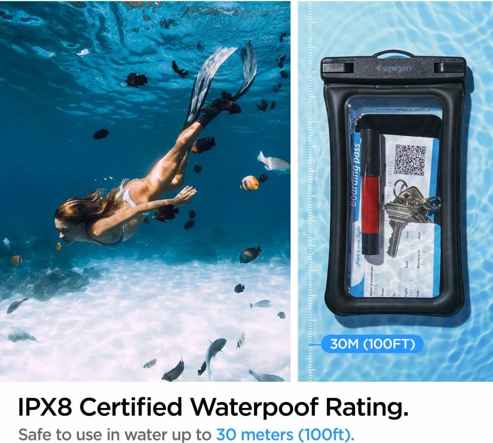 Mbështjellës Spigen Aqua Shield A610 për telefon, i papërshkueshëm nga uji, IPX8, me rrip, i zi