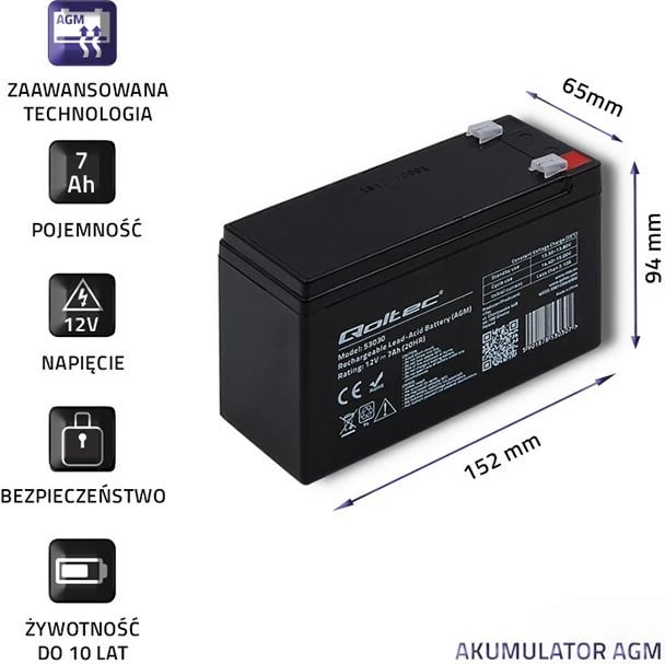 Bateri Qoltec 53030 AMG, 12V, e zezë