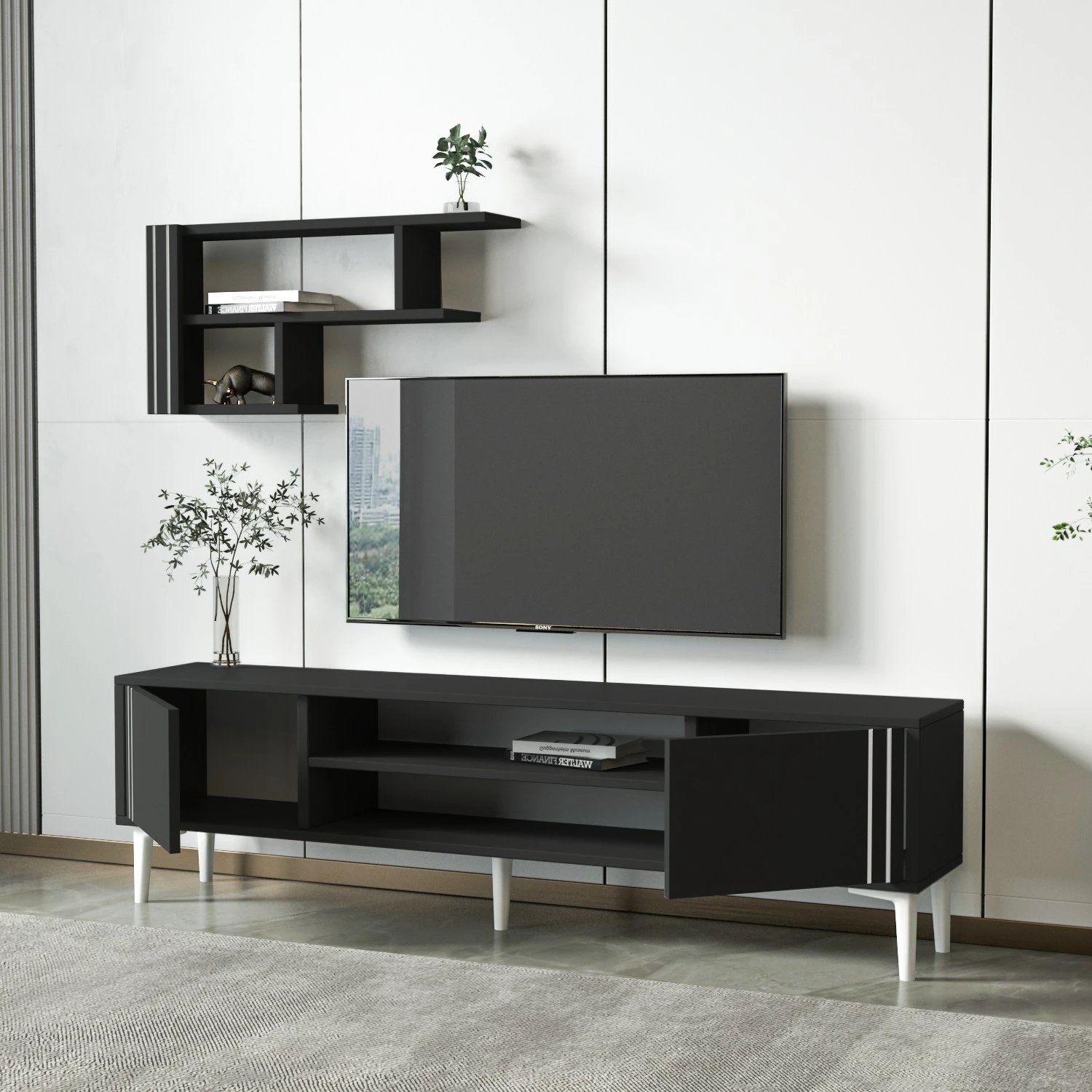 Set TV Skye Decor, ngjyrë antracit, me raft muri