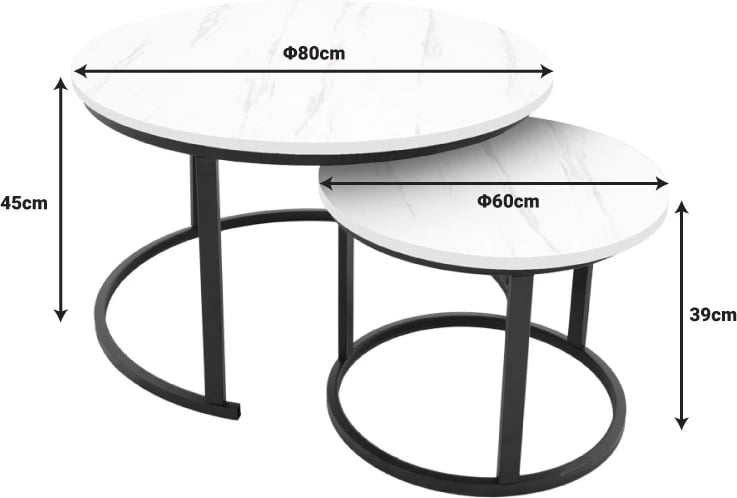 Set tavolinash kafeje Relevon, pamje mermeri të bardhë, këmbë të arta, 80x80x45cm