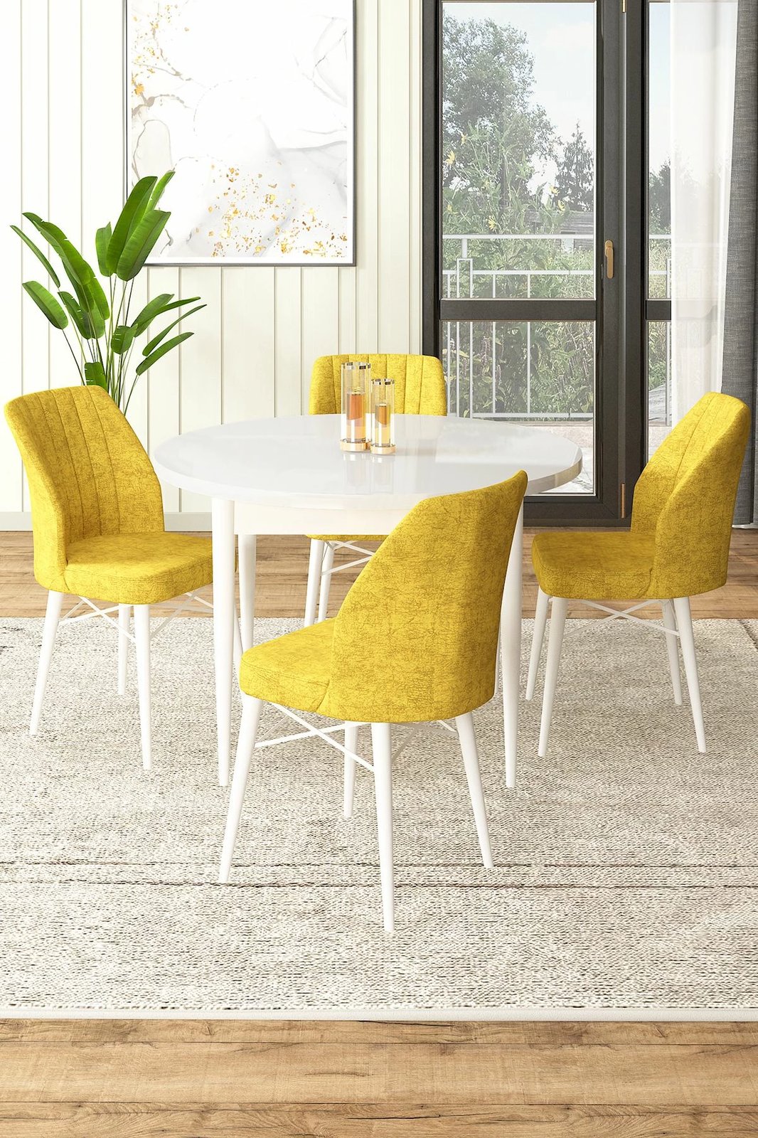 Tavolinë me karrige, 5 copë, Skye Decor, e bardhë, mustard