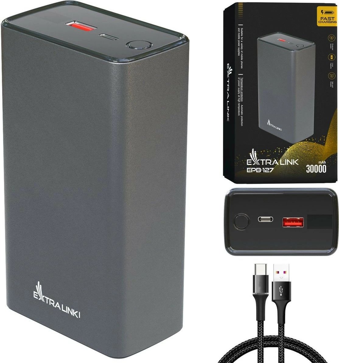 Powerbank Extralink EPB-127, 30000 mAh, 65W, USB Type-C, Zi/Gri