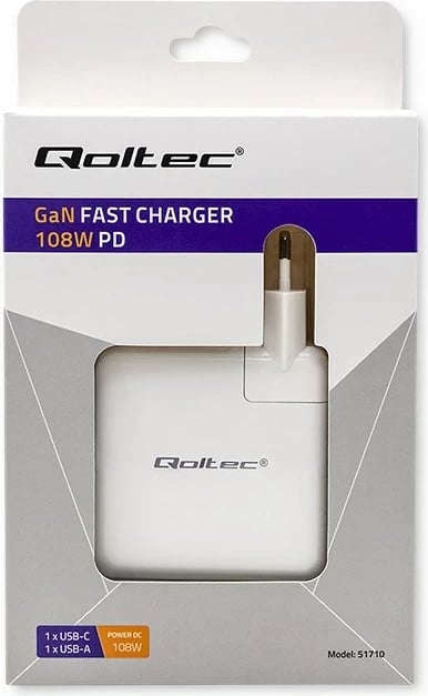 Karikues Qoltec GaN FAST 108W, USB C, Bardhë