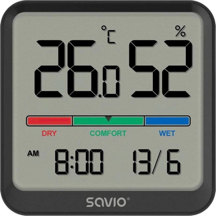 Sensor temperature dhe lagështie Savio CT-01/B, me ekran LCD, orë, datë, magnet, i zi