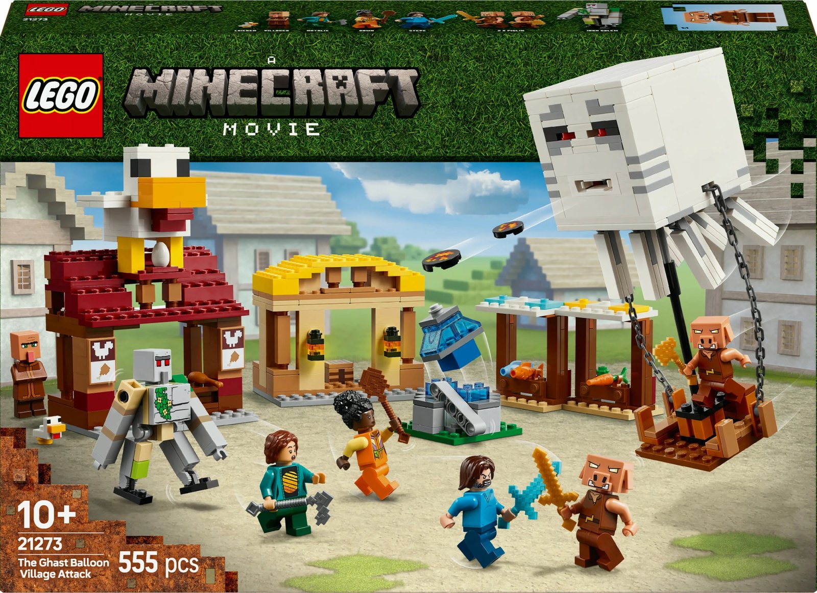 Set ndërtimi LEGO The Ghast Balloon Village Attack, 555 pjesë, plastikë, shumëngjyrësh