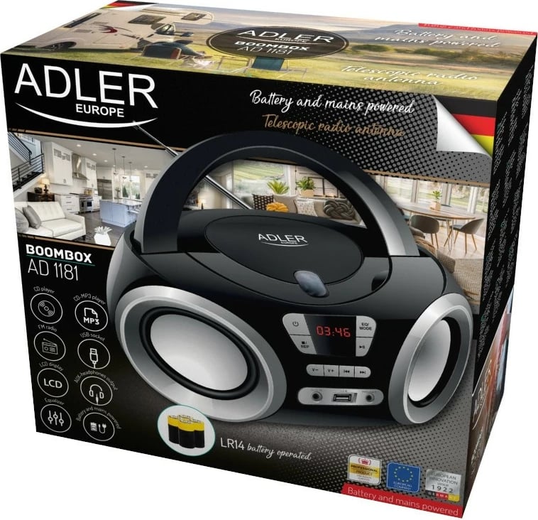 Boombox Adler AD1181, radio CD-MP3, USB, e zezë