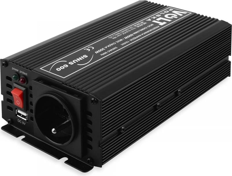 Konvertues tensioni Volt Polska SINUS 600, 12V në 230V, 300/600W, i zi
