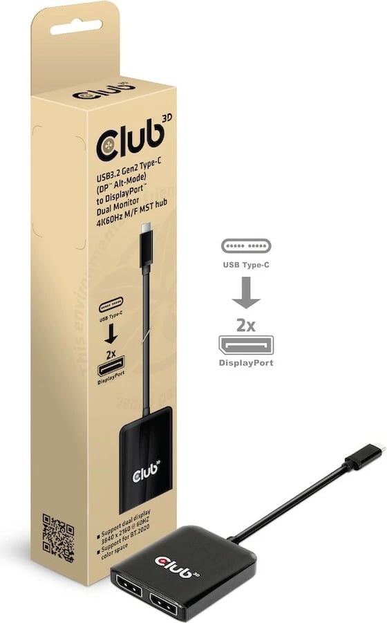 Adapter MST-Hub Club3D USB Type-C në 2x DisplayPort 4K60Hz, 1.5m, zi