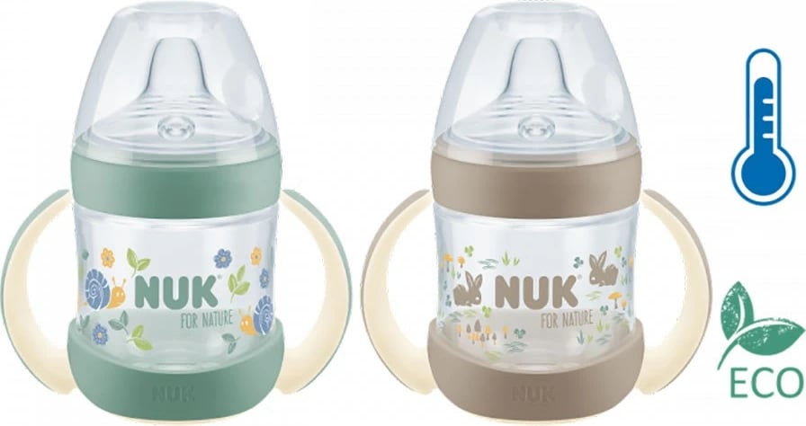shishe mësuese bebe, NUK, For Nature, 150 ml, kontroll temperature, 6-18 muaj, jeshile