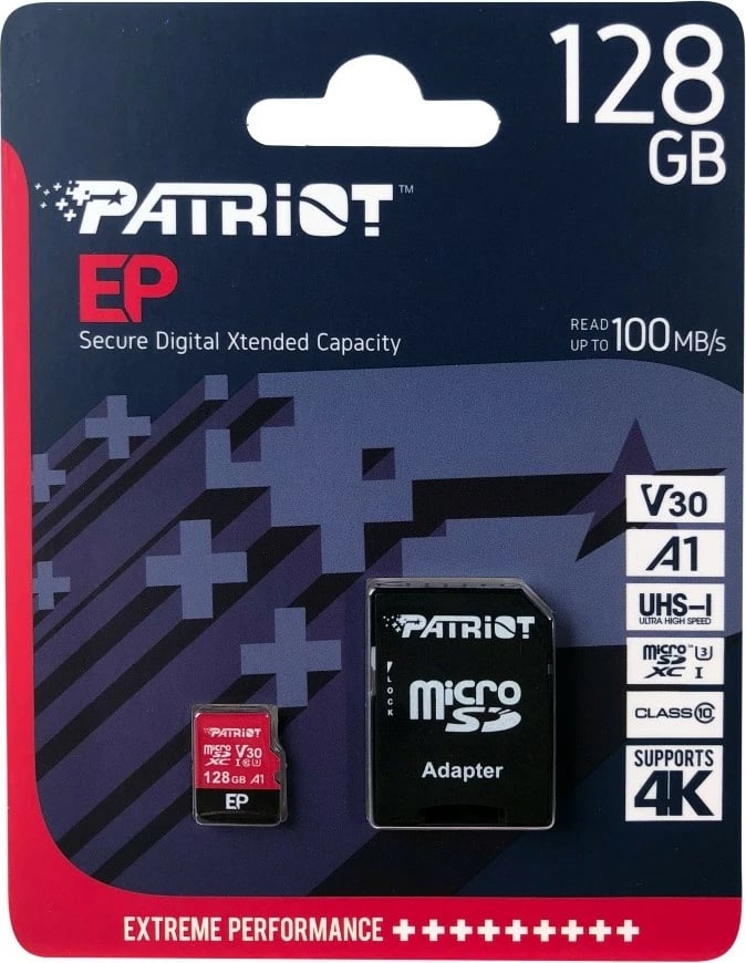 Kartelë memorie microSDXC Patriot EP, 128GB, me adapter, V30, Class 10, U3, e kuqe