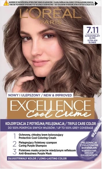Ngjyrë për flokë L'Oreal Paris Excellence Cool Creme 7.11 Ultrapopielaty Blond për femra, 1 copë