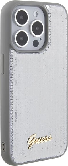 Mbështjellës Guess Sequin Script Metal për iPhone 15 Pro, argjendtë
