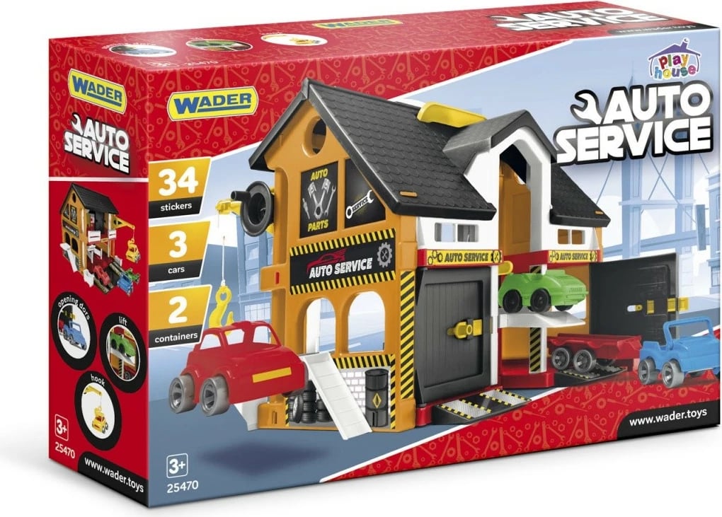 Garažh lodër Wader Play House Auto Service, 3 makina, plastikë, zi/kafe