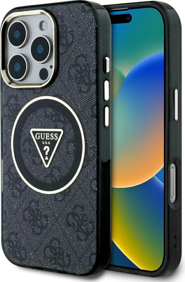 Mbështjellës Guess IML Metal Glitter 4G Circle Triangle MagSafe për iPhone 16 Pro Max, Zi