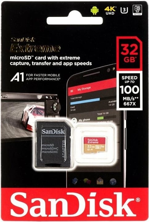Kartelë memorie SanDisk Extreme microSDHC 32GB, 100/60 MB/s, V30 A1 U3, me adapter