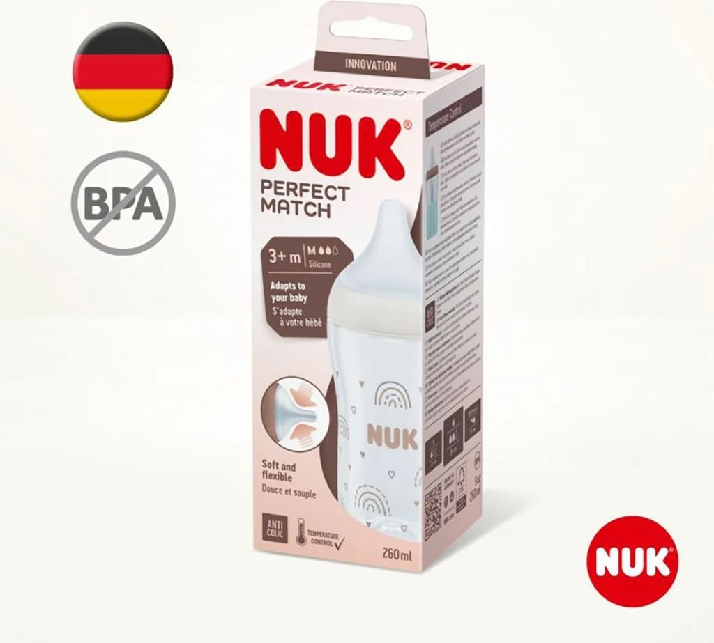 biberon NUK Perfect Match Temperature Control 260 ml, silikon anti-kolik Size M (3m+), gri
