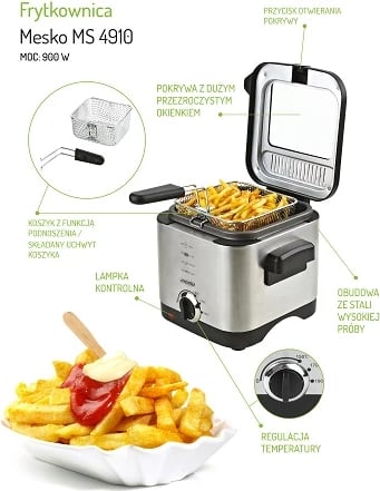 Fritezë e thellë, Adler Mesko MS 4910, 1.5 L 900 W, termostat i rregullueshëm, çelik inox, argjendtë/zi