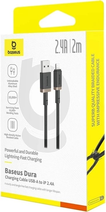 Kabllo karikimi Baseus Dura Type A në IP 2.4A, 2 m, E zezë, Ari