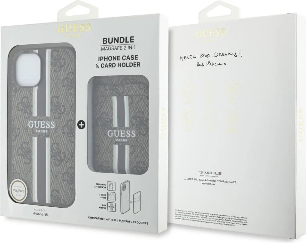 Mbështjellës Guess 4G Stripes me portofol MagSafe për iPhone 15, Kafe