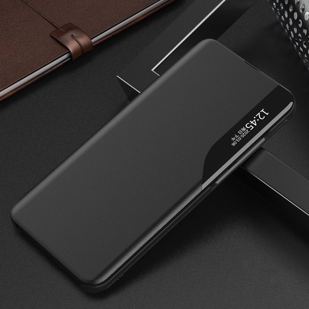 Mbështjellës Hurtel Eco Leather View Case për Xiaomi Redmi Note 12 Pro+, i zi