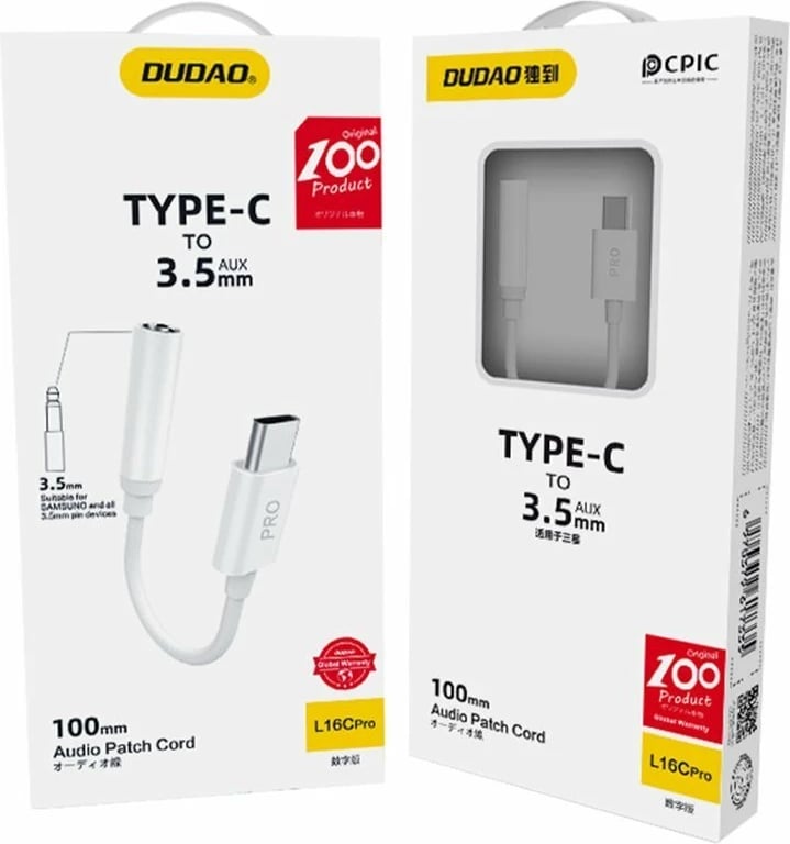 Adapter audio Dudao L16CPro, USB-C në mini jack 3.5mm, i bardhë