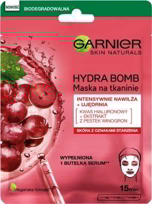 Maskë pëlhure për fytyrë Garnier Hydra Firming me ekstrakt të farës së rrushit dhe acid hialuronik për femra, 28g
