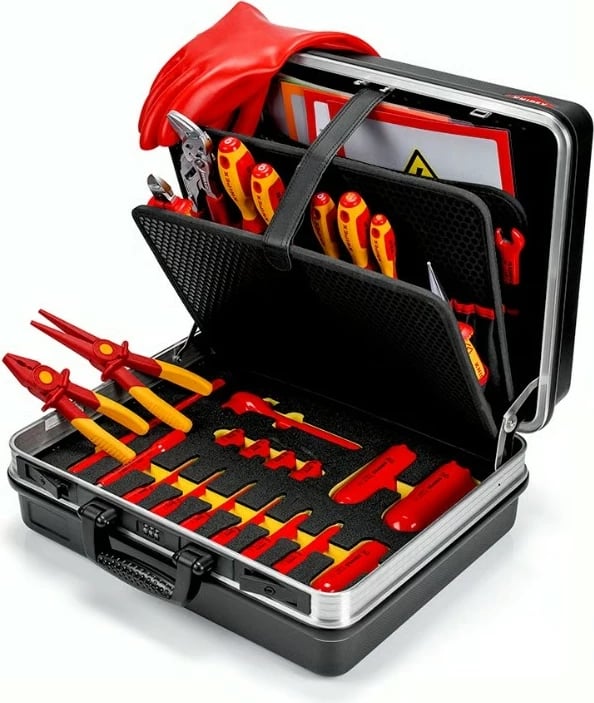 Kasë veglash Knipex Basic E-Mobilitaet, 4 çelësa, me pincë, kaçavida, ngjyrë e zezë/e kuqe/e verdhë