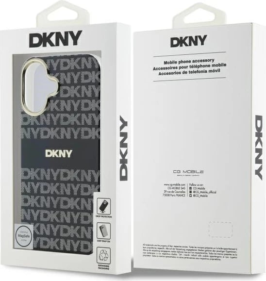 Mbështjellës DKNY Repeat Texture Pattern With Stripe për iPhone 16, i zi