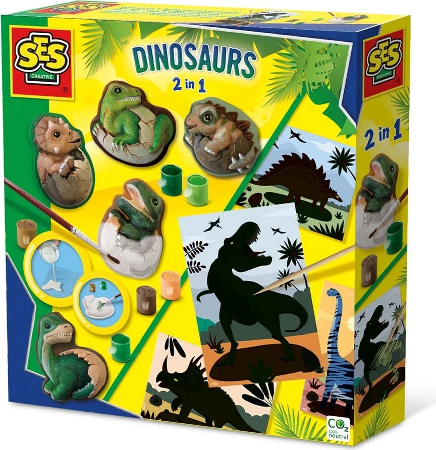 Set kreativ SES Dinosaurs 2 në 1, për fëmijë, shumëngjyrësh