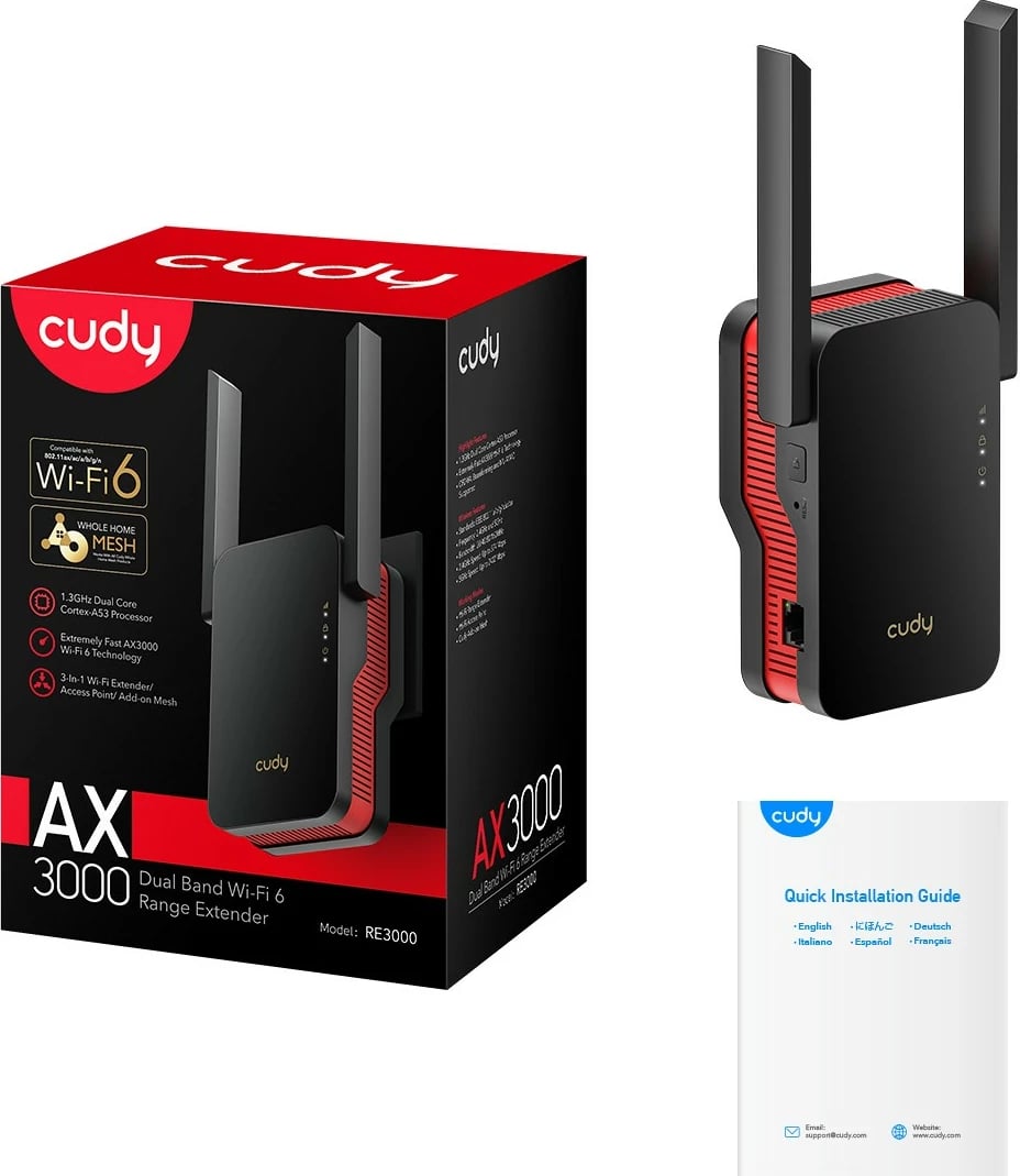 Repeater Cudy RE3000, 574,2402 Mbit/s, i zi, i kuq