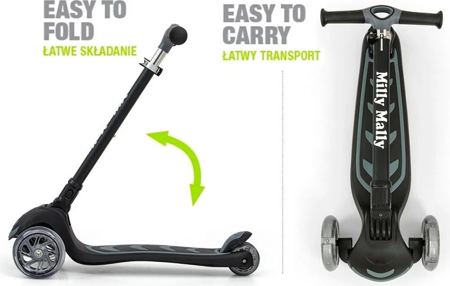 Trotinetë, Milly Mally Boogie, 3 rrota me drita, doreza të buta, timon i rregullueshëm 3 nivele, deri 50 kg, e zezë