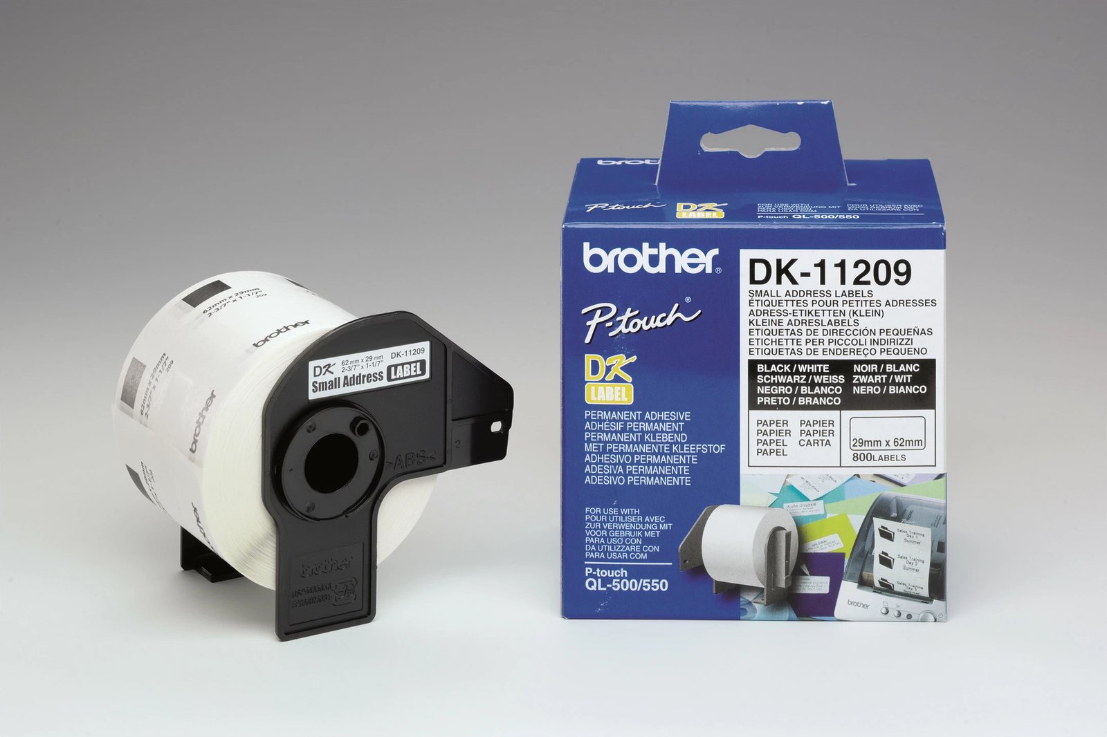 Etiketa adrese Brother DK-11209, 800 copë, 29mm x 62mm, bardhë/zi