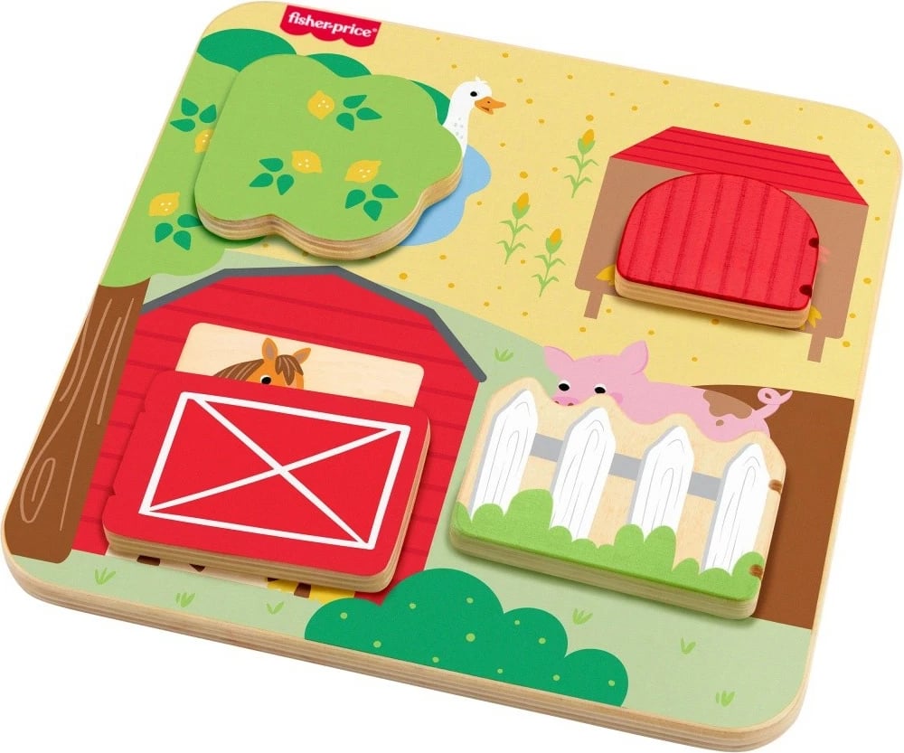 Lodër druri Fisher Price Wooden Farm Board "Peekaboo", shumëngjyrëshe, për fëmijë 12+ muajsh