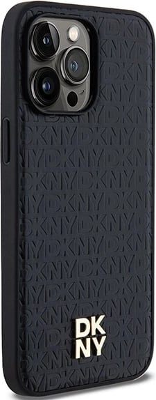 Mbështjellës DKNY Leather Monogram Pattern Metal Logo MagSafe për iPhone 14 Pro Max, Zi