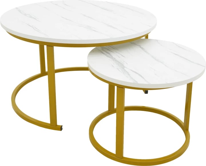 Set tavolinash kafeje Relevon, pamje mermeri të bardhë, këmbë të arta, 80x80x45cm