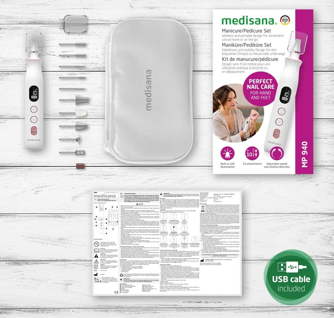 Pajisje manikyr/pedikyr Medisana MP 940, 1500 mAh, E bardhë, me 10 koka ndërruese
