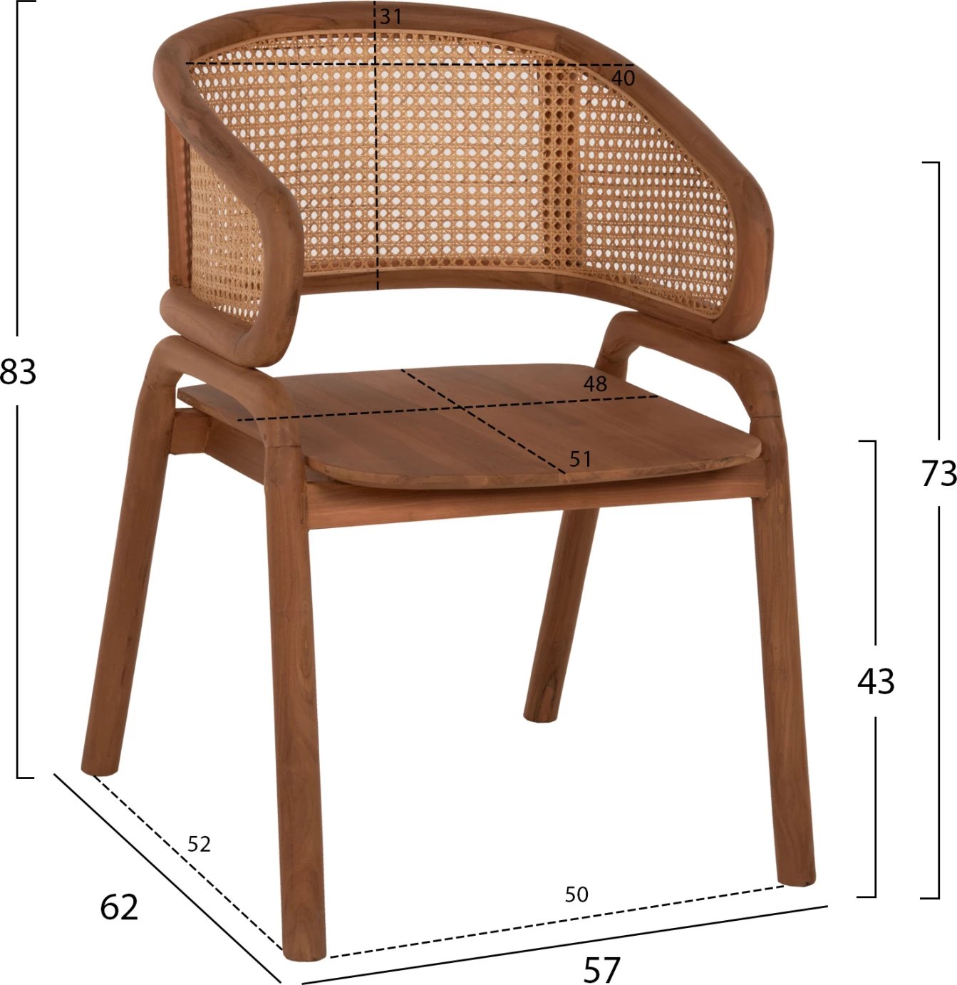 Karrige me krahë, dru teak dhe mbështetëse rattan, natyrale, 57x62x83Hcm, FH9402.01
